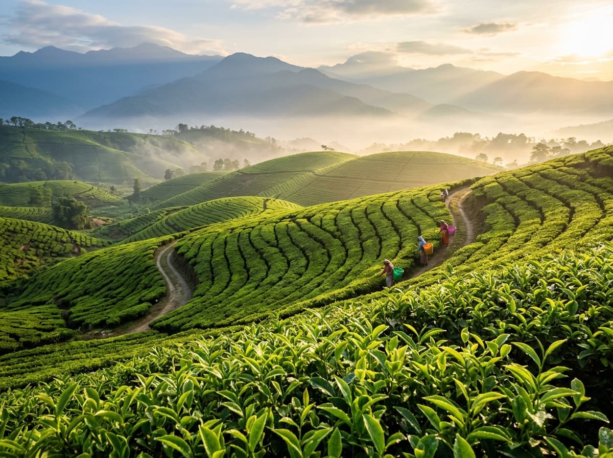 Morning mist over lush green rolling tea gardens in Dooars, North Bengal