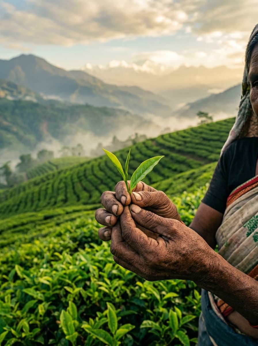 Two leaves and a bud freshly handpicked in Dooars tea gardens, North Bengal